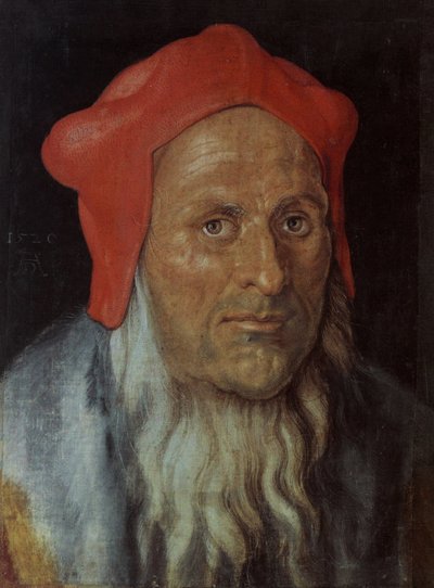 Tyska: Porträtt av en skäggig man med röd mössa Porträtt av en man av Albrecht Dürer