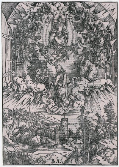 Johannes inför Gud Fadern och de äldste, figur II, blad 4 i serien ”Uppenbarelseboken” av Albrecht Dürer