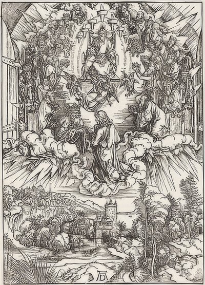 Johannes inför Gud Fadern och de äldste, från avsnittet av Apokalypsen. 1496 av Albrecht Dürer