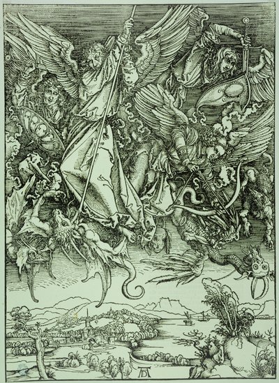 Uppenbarelseboken (latinsk utgåva): Sankt Mikael som besegrar draken (Bartsch 72) av Albrecht Dürer