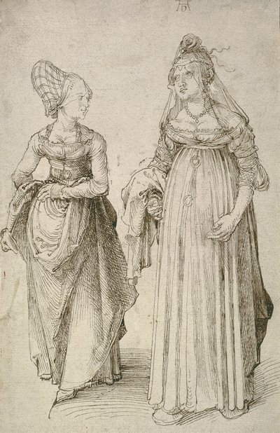 Dam i venetiansk klänning kontrasterad med en Nürnberg Hausfrau av Albrecht Dürer