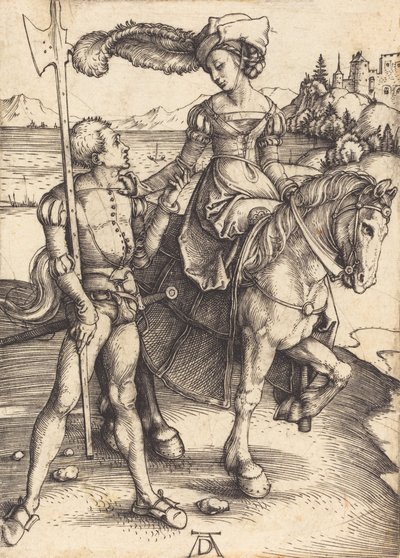 Lady till häst och Lansquenet, ca. 1497. av Albrecht Dürer