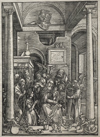 Jungfruns liv: Tillbedjan av jungfrun och barnet av heliga och änglar av Albrecht Dürer