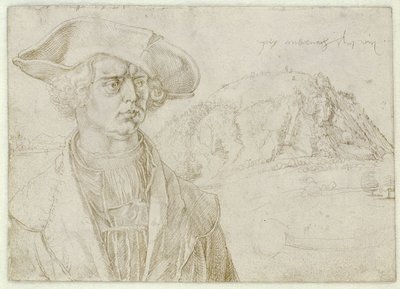 Porträtt av en man (Aert Bruyn) och landskap nära Andernach av Albrecht Dürer