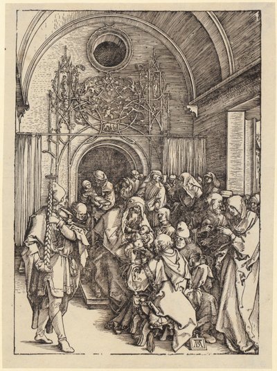 Maria på månskäran, blad 1 ur serien "Jungfru Marias liv" av Albrecht Dürer