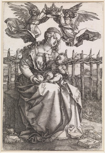 Maria med barnet, krönt av två änglar av Albrecht Dürer