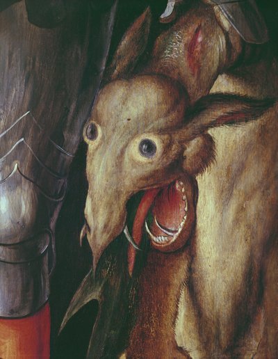 Paumgartner altartavla: detalj av den vänstra vingen, föreställande drakens huvud besegrad av St. George, ca 1500 tempera på paneldetalj av 495745 av Albrecht Dürer