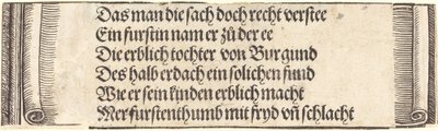 Tryckt text för "Maximilians trolovning med Maria av Bourgogne" av Albrecht Dürer