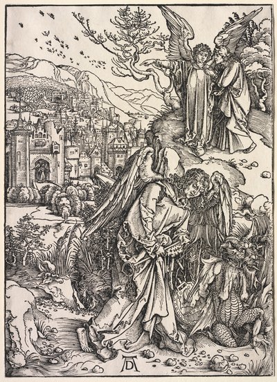 Johannes uppenbarelse: Ängel med nyckeln till den bottenlösa gropen av Albrecht Dürer