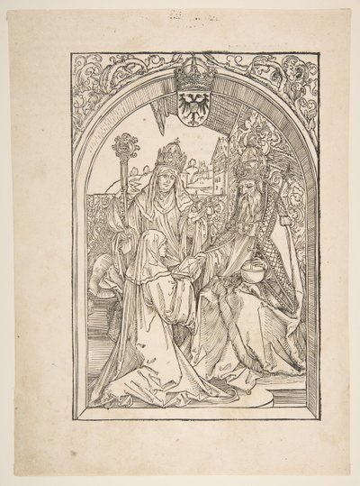 Rosvitha presenterar komedierna för kejsaren Otto I. illustration från Operan Hrosvi....n.d. av Albrecht Dürer