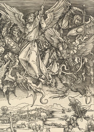 Sankt Mikael kämpar mot draken, 1498. av Albrecht Dürer