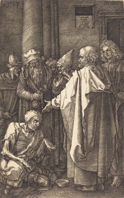 Sankt Peter och Sankt Johannes helar en krympling vid templets port, 1513. av Albrecht Dürer