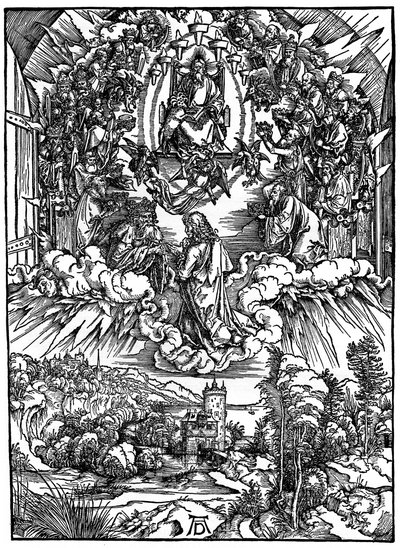 Scen från Apokalypsen, Johannes inför Gud Fadern och de tjugofyra äldste, 1498, 1936. av Albrecht Dürer
