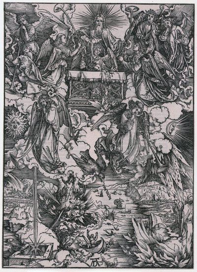 Sju änglar med trumpeter, figur VI, blad 8 ur serien ”Apokalypsen” av Albrecht Dürer
