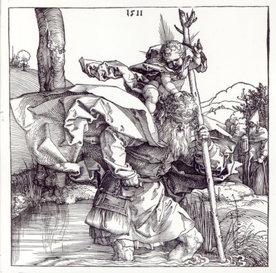St. Christopher bär Kristusbarnet, 1511 (träsnitt) (bw foto) av Albrecht Dürer
