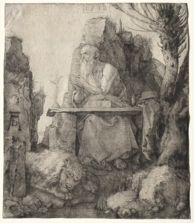 St. Jerome sitter nära en pil av Albrecht Dürer