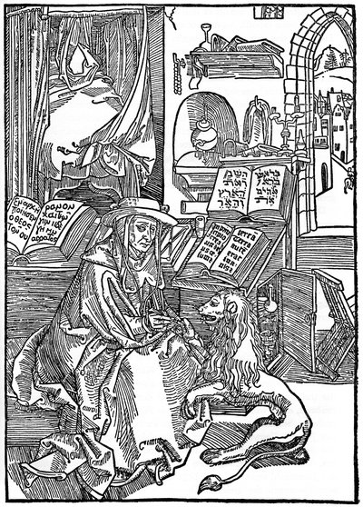 St Hieronymus i sitt arbetsrum som drar en tagg från en lejontass, 1492, 1936 av Albrecht Dürer