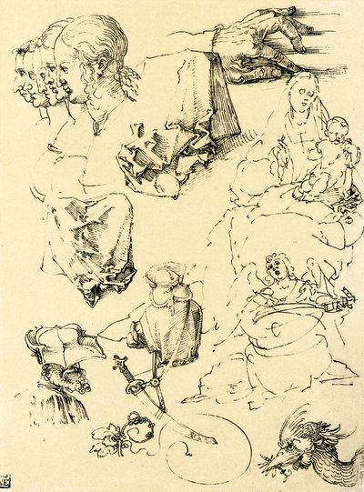 Studieblad med olika utföranden av Albrecht Dürer