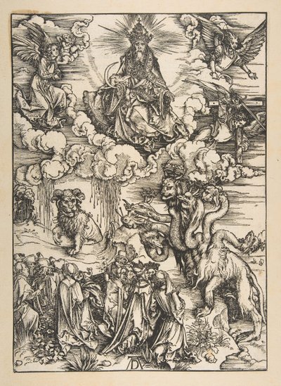 Odjuret med två horn som ett lamm, från The Apocalypse, Latin Edition 1511, ca. 1496. av Albrecht Dürer