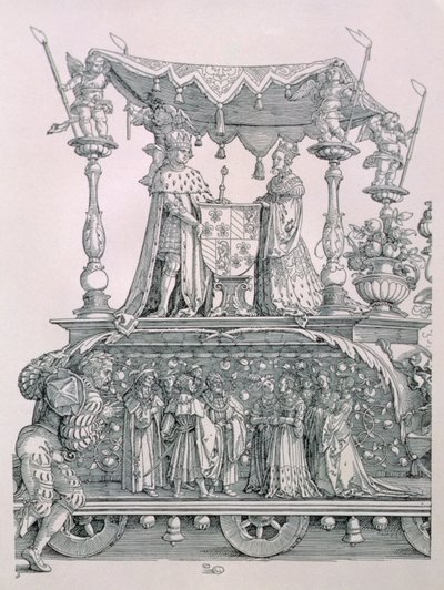 Det burgundiska äktenskapet eller triumftåget av kejsar Maximilian I av Tyskland (1459-1519) som visar bröllopsvagnen för Maximilian och Mary av Burgund (1458-82), pub. 1526 (detalj av Albrecht Dürer