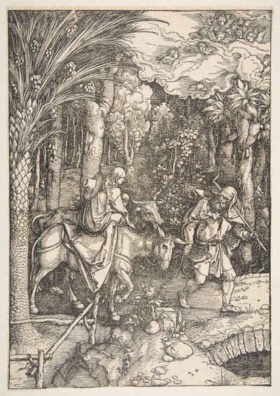 Flygningen till Egypten, från The Life of the Virgin, från den latinska upplagan, 1511. av Albrecht Dürer