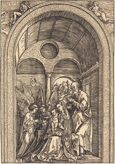 Den heliga familjen med två änglar i en välvd sal av Albrecht Dürer