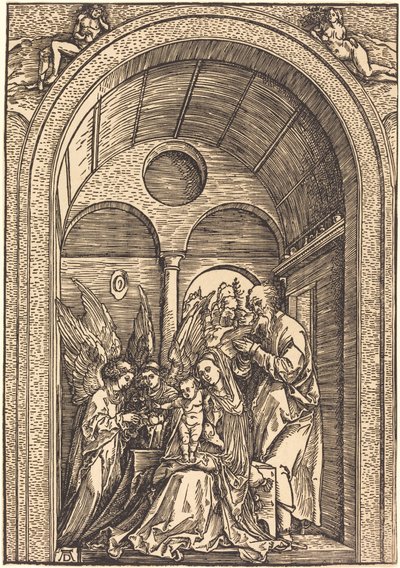 Den heliga familjen med två änglar i en välvd sal av Albrecht Dürer