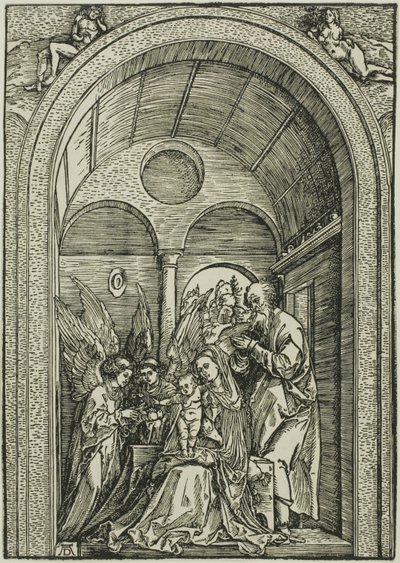 Den heliga familjen med två änglar i en välvd sal av Albrecht Dürer