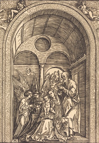 Den heliga familjen med två änglar i en välvd sal, ca. 1504. av Albrecht Dürer