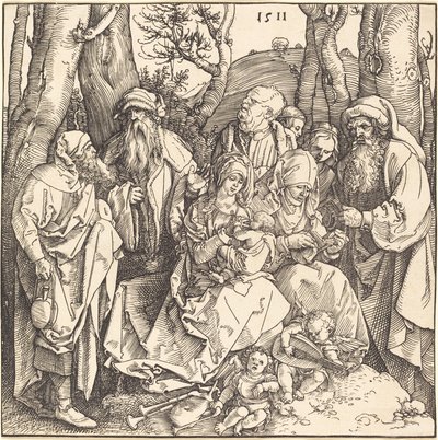 Den heliga familjen med två musikskapande änglar av Albrecht Dürer