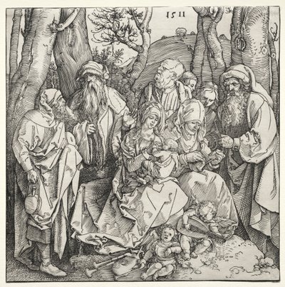 Den heliga familjen med två musikeränglar av Albrecht Dürer