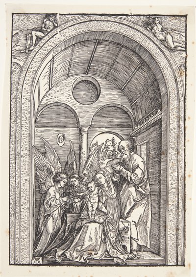 Den heliga familjen med två änglar i en välvd sal av Albrecht Dürer
