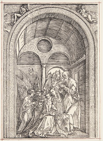 Den heliga familjen med två änglar i en välvd sal av Albrecht Dürer