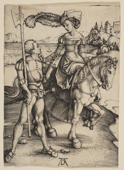 Damen till häst och Lansquenet, ca. 1497. av Albrecht Dürer