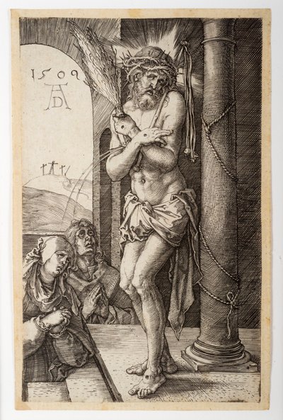 Smärtornas man vid pelaren med Jungfru Maria och Johannes, ur "Den graverade passionen" av Albrecht Dürer