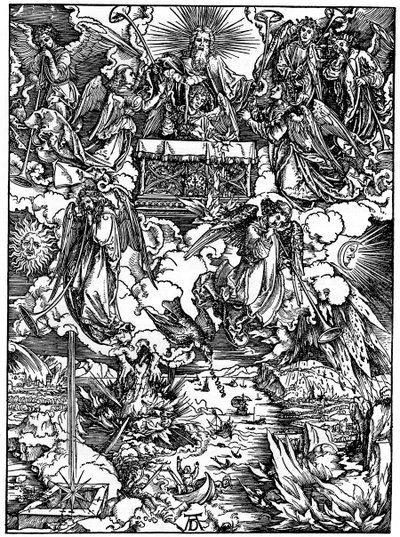Öppnandet av det sjunde inseglet, De sju änglarna med trumpeterna, 1498, 1936 av Albrecht Dürer