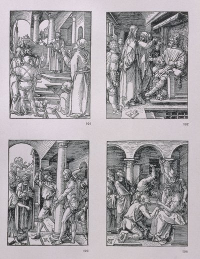 Serien "Small Passion" (medsols): Kristus före Pilatus; Kristus före Herodes; Gisslande; Törnekrona, pub. 1511 av Albrecht Dürer