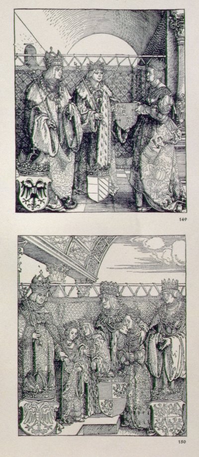 Kejsar Maximilians I:s triumfbåge (1459-1519): detalj som visar två paneler placerade ovanför den vänstra portalen som visar händelser i kejsar Maximilians liv, pub. 151728 av Albrecht Dürer