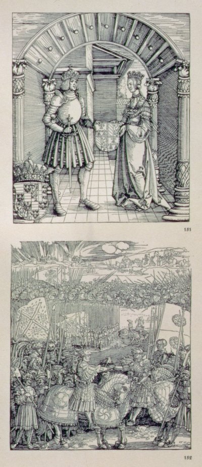 Triumfbågen för kejsar Maximilian I av Tyskland (1459-1519): detalj som visar två paneler placerade ovanför den vänstra portalen som föreställer (överst) Maximilian I och hans första fru Maria av Bourgogne (1457-82) av Albrecht Dürer