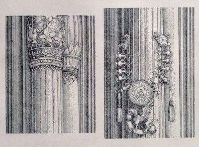 Triumfbågen av kejsar Maximilian I av Tyskland (1459-1519): två detaljer om de centrala portarna för heder och makt som visar vänster kolumn och utsmyckningar med huvuden, daterad 1515, pub. 151718 (wo av Albrecht Dürer