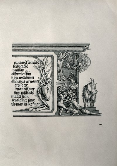 Triumfbågen av kejsar Maximilian I av Tyskland 1459-1519: detalj av ett hjortskinn med en inskription som hyllar kejsarnas familjeförbindelser, med en get med diskettöron, en symbol för akutheten av hea av Albrecht Dürer