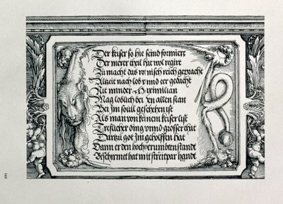 Kejsar Maximilian I:s triumfbåge av Tyskland 1459-1519: detalj av dekorativt schema som visar ett lejonskinn med en inskription som hyllar kejsarnas familjekopplingar, pub. 151718 träsnitt av Albrecht Dürer