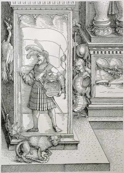 Kejsar Maximilian I:s triumfbåge av Tyskland 1459-1519: detalj av portalpelarens bas med en snidad relief av en mansfigur som bär en standard och en krönt vapensköld, pub. 151718 träc av Albrecht Dürer