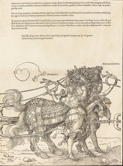 The Triumphal Chariot of Maximilian I The Great Triumphal Car [skylt 7 av 8], 1523 latinsk upplaga. av Albrecht Dürer