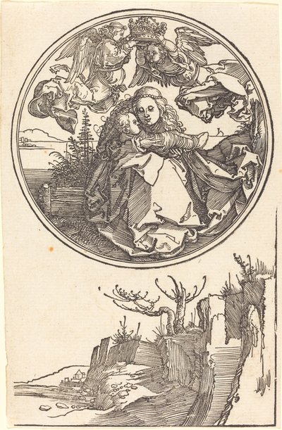 Jungfrun krönt av två änglar ovanför ett landskap av Albrecht Dürer
