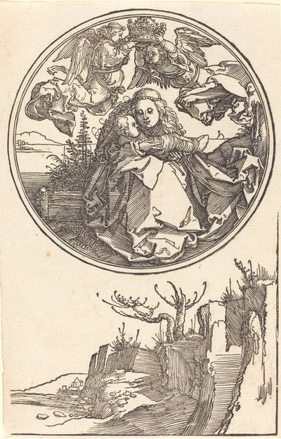 Jungfrun krönt av två änglar ovanför ett landskap, i eller före 1515. av Albrecht Dürer