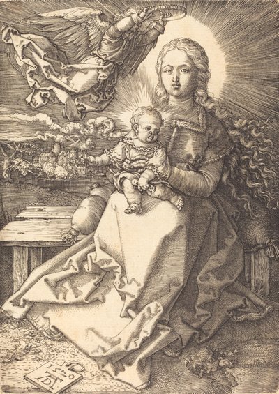 Jungfrun och barnet krönt av en ängel, 1520. av Albrecht Dürer
