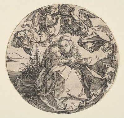 Jungfrun och barnet krönt av två änglar ovanför ett landskapslandskap utskuret, ca. 1504. av Albrecht Dürer