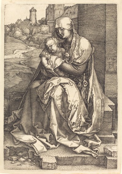 Jungfrun och barnet sitter vid muren av Albrecht Dürer