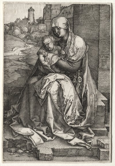Jungfrun och barnet sitter vid muren av Albrecht Dürer